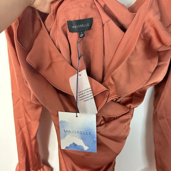 Majorelle X Revolve Dress Nelly Ruffle Surplice Shirred Mini Terracotta Brown S - Picture 4 of 10